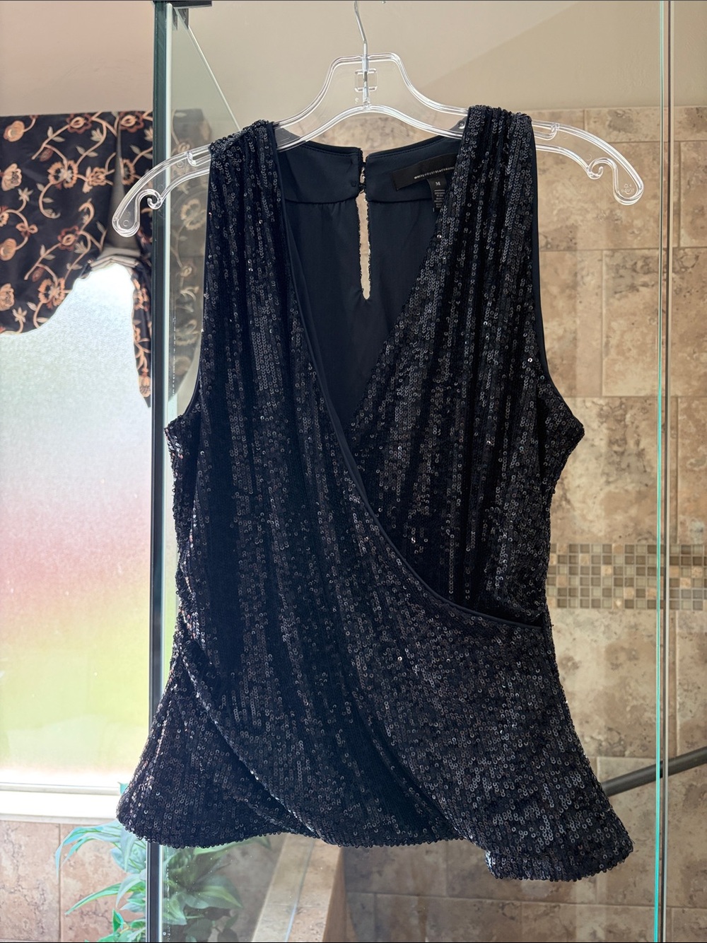 White House Black Market Navy Sequin V-Neck Sleeveless Wrap Top